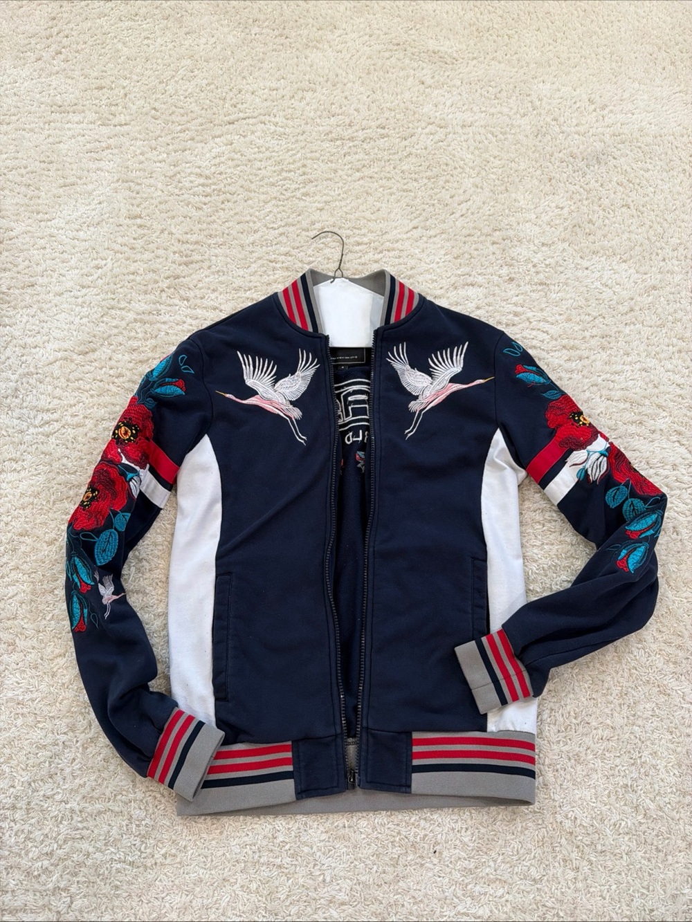 DESIGNEO IN NEW VORK CITY Navy Embroidered Floral Bomber Zip Size S